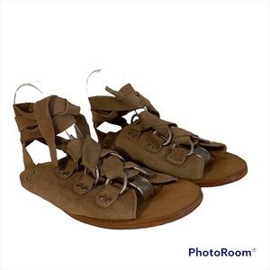 Free People 39 ankle tie leather boho lace up hardware slight heel sandal shoe